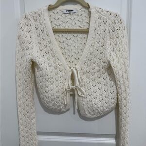 RSQ White Open-Knit V-Neck Tie-Front Sweater
